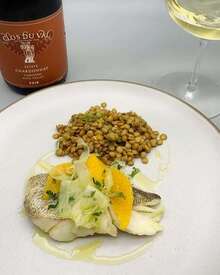 Pan-seared Halibut with fennel & orange salad over dill French lentils