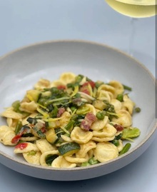 Orecchiette Summer Vegetables with Bacon & Lemon